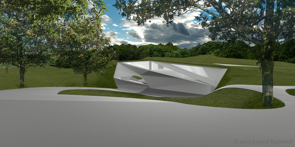 Exterior render, from above (existing museum building)