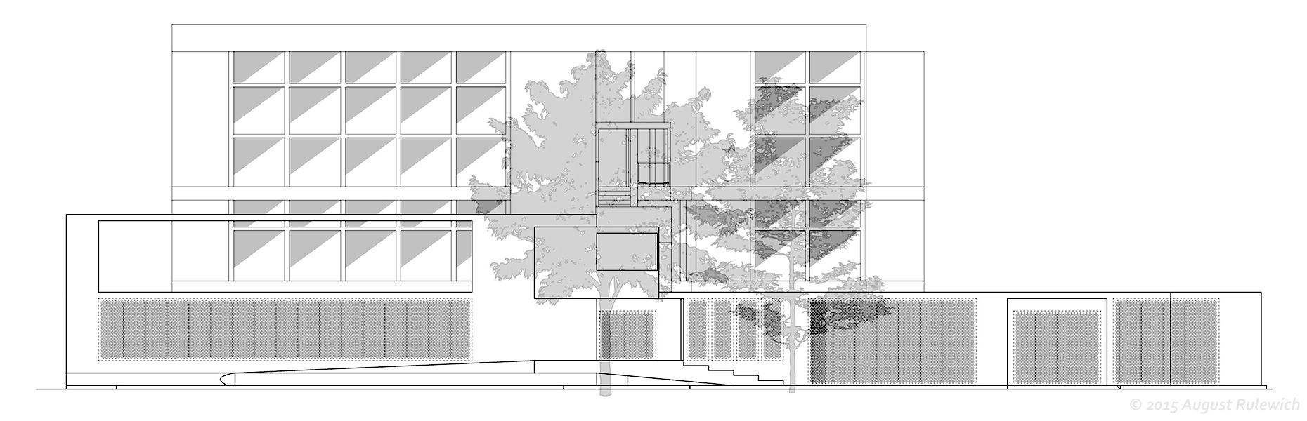 Elevation looking from Ashram Rd. towards ATMA, illustrating levels of porosity across wall system