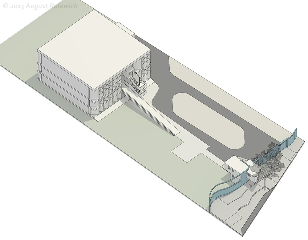 Axonometric view of ATMA and gatehouse