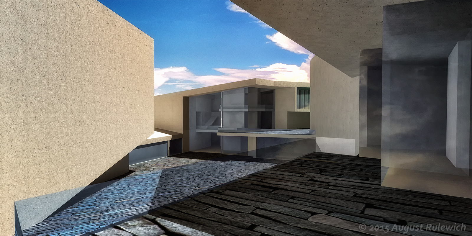 Rendered view of central courtyard, as seen from western entry